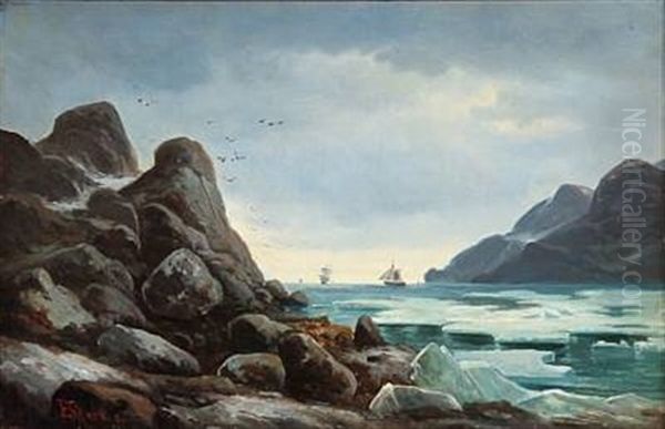 Drift Ice (norwegian Coast Scene With Ice At Tall Rocks) Oil Painting by Edvard Skari