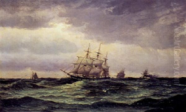 Marine Med Sejlskibe Pa Abent Hav Oil Painting by Edvard Skari