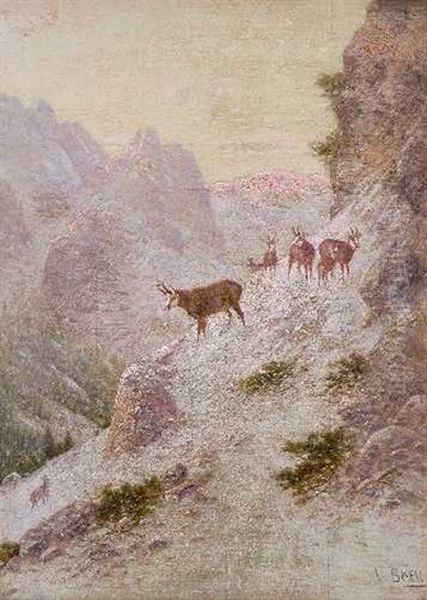 Hirsche (+ Gemsen Im Gebirge; 2 Works) Oil Painting by Ludwig Skell