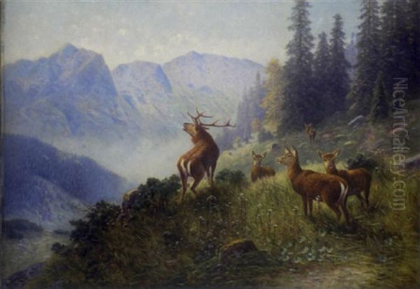 Hirsch Und Hirshkuhe Auf Einer Gebirgswiese Oil Painting by Ludwig Skell