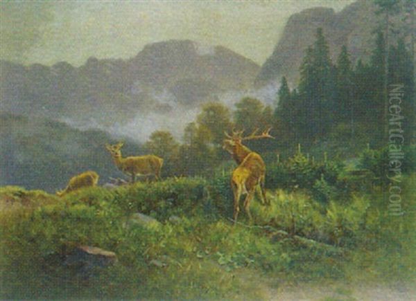 Rotwild An Einem Herbstmorgen Im Laugental Vor Der Benediktenwand Oil Painting by Ludwig Skell