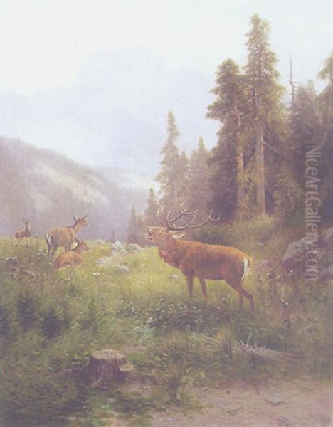 Hirschbrunft In Der Ramsau Bei Berchtesgaden Oil Painting by Ludwig Skell