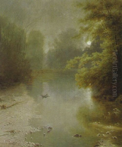 Aufflatternde Enten Uber Einem Waldweiher Bei Mondlicht Oil Painting by Ludwig Skell