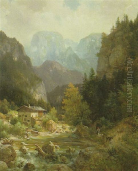 Partie Bei Berchtesgaden: Bauernhauser Im Gebirgstal Am Bachufer Oil Painting by Ludwig Skell