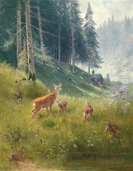 Rotwild Am Waldrand Oil Painting by Ludwig Skell