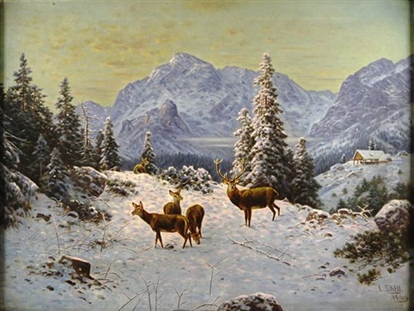 Rotwild In Schneebedeckter Landschaft Vor Alpinem Hintergrund Oil Painting by Ludwig Skell