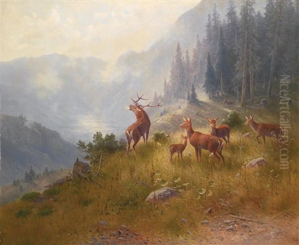 Hirsch Mit Seinem Rudel Oil Painting by Ludwig Skell