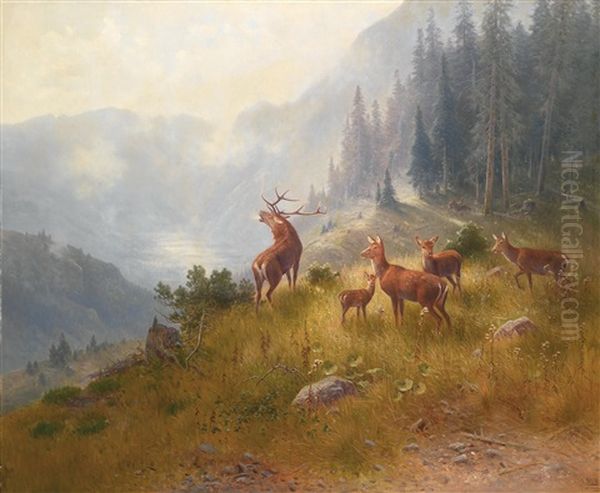 Hirsch Mit Seinem Rudel Im Hochgebirge Oil Painting by Ludwig Skell