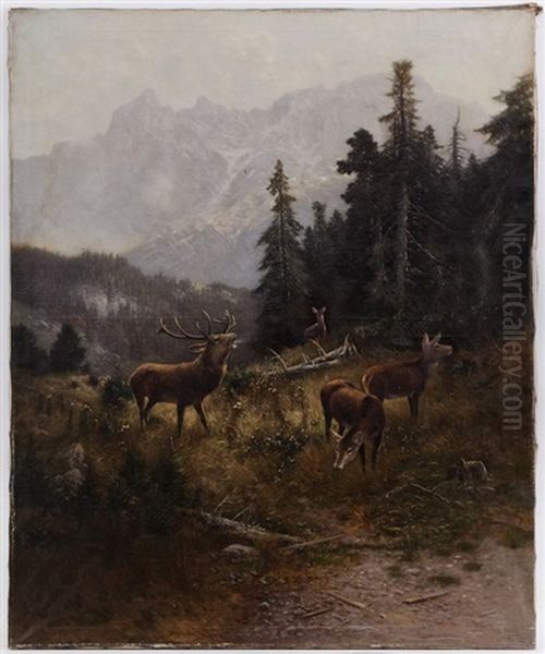 Cerf Au Brame Et Biches A La Lisiere De Foret Oil Painting by Ludwig Skell