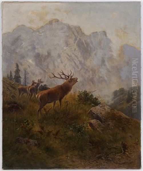 Cerf Bramant Et Biches Dans Un Paysage De Montagne Oil Painting by Ludwig Skell