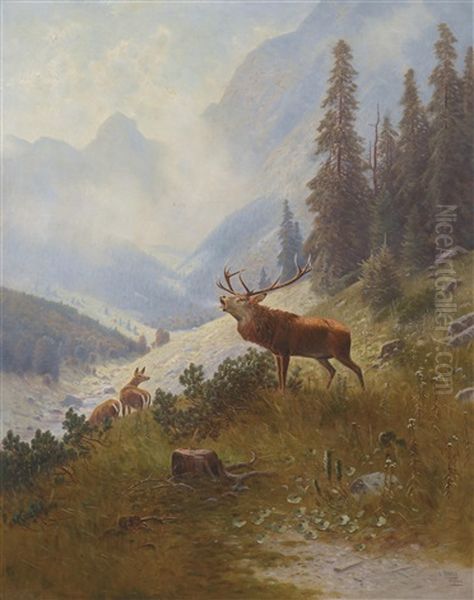 Rohrender Hirsch Im Gebirge Oil Painting by Ludwig Skell