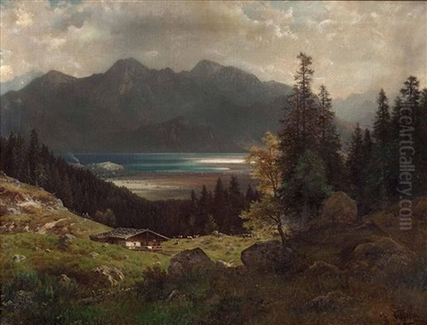 Auf Der Alm Mit Blick Auf Den Schliersee Oil Painting by Ludwig Skell