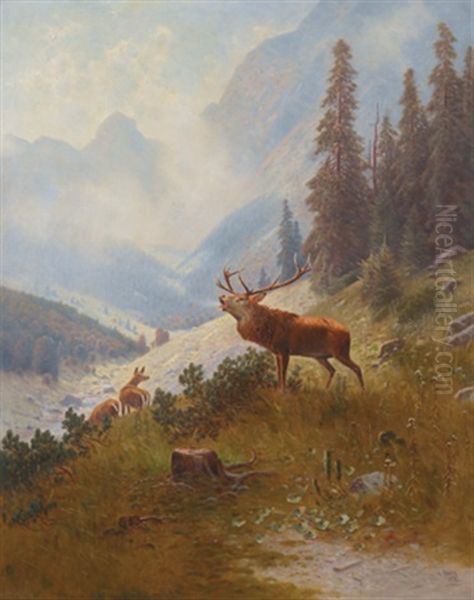 Rohrender Hirsch Im Gebirge, Mchn Oil Painting by Ludwig Skell