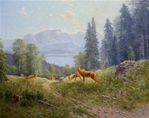 Rotwild Auf Einer Lichtung Mit Blick Auf Den Walchensee, Salzburg Oil Painting by Ludwig Skell