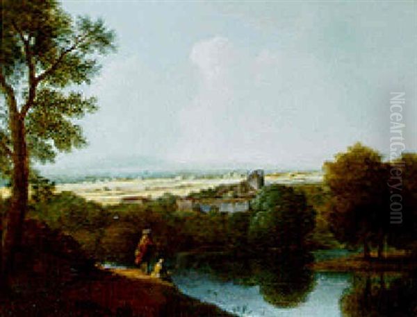 An Extensiver Italian River Landscape, With Figures In The Foreground And Ruins In The Middle Distance Oil Painting by Jonathan Skelton