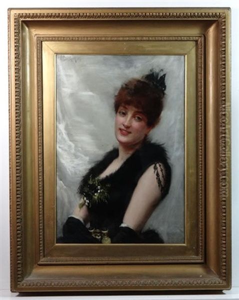 Fine Portrait Of A Red Haired Lady, Dressed Wearing Some Whitby Jet And Holding A Pair Of Theatre Glasses Oil Painting by Frank Markham Skipworth