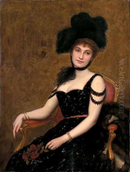 Portrait Of A Girl In A Black Plumed Hat Oil Painting by Frank Markham Skipworth