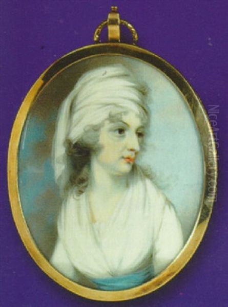 A Lady Of The Cheesment-severn Family, Wearing White Dress And Fichu With Turquoise Waistband Oil Painting by Archibald Skirving