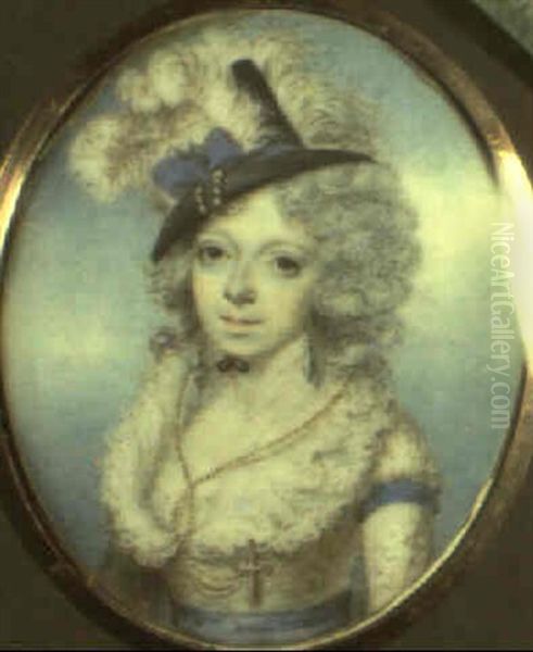 Portrait Of A Lady In Blue Trimmed White Dress With Ruff Collar Oil Painting by Archibald Skirving