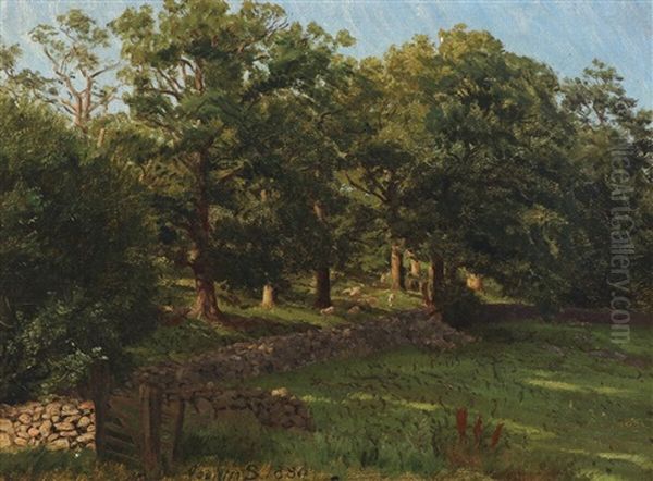 Grazing Sheep At A Stone Wall Near The Woods Oil Painting by Joakim Frederik Skovgaard