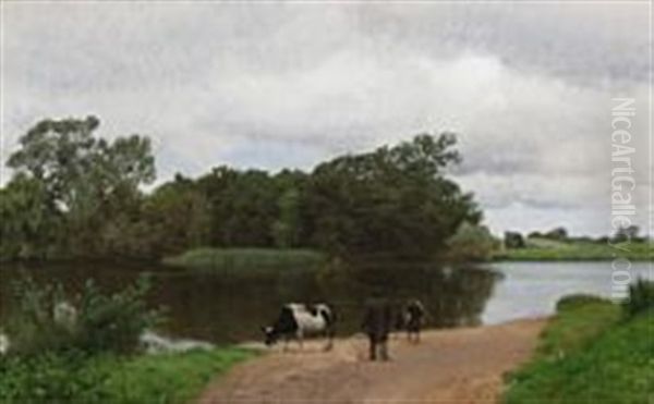 A Farmer Watering His Cows At A Lake Oil Painting by Joakim Frederik Skovgaard