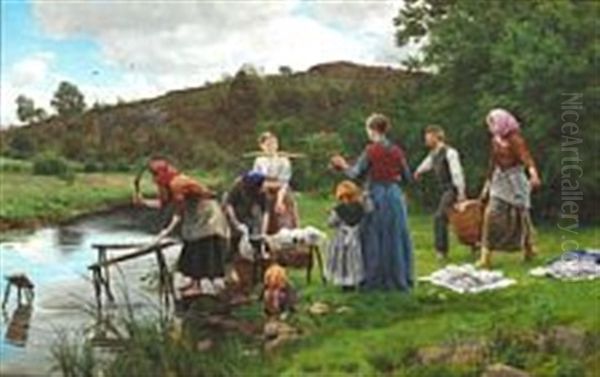 Women And Girls Washing Clothes By A River In Holland Oil Painting by Joakim Frederik Skovgaard