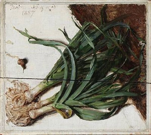 Leeks On A Table Oil Painting by Joakim Frederik Skovgaard