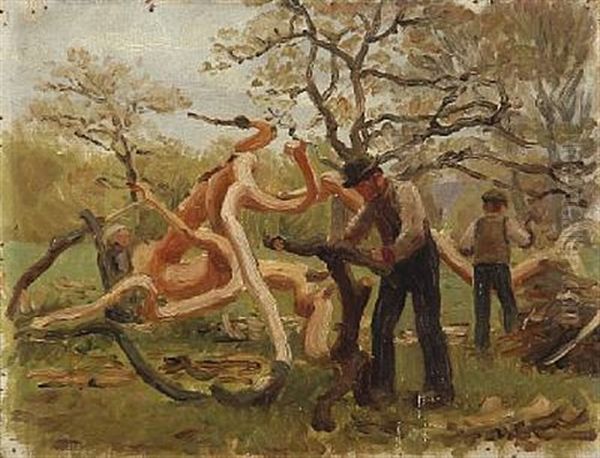 Firewood Collectors Oil Painting by Niels Kristian Skovgaard