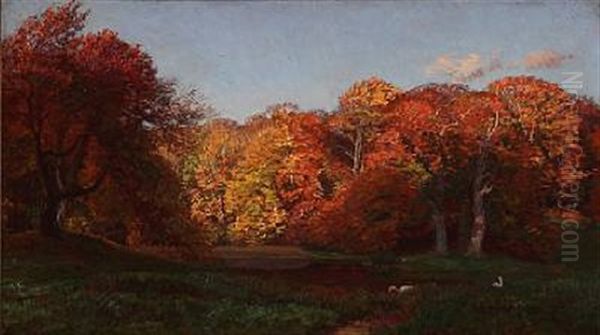 Autumn Day At A Meadow In The Woods Oil Painting by Niels Kristian Skovgaard