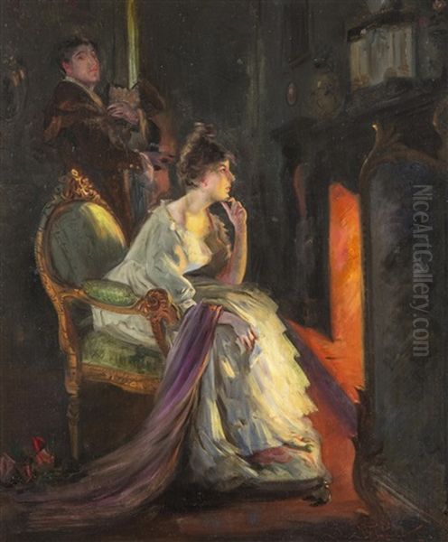 A Girl By The Fireside Oil Painting by Jan Skramlik