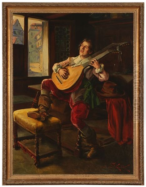 Seated Man Playing Guitar Oil Painting by Jan Skramlik