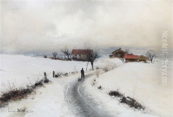 A Winter Day Oil Painting by Ludvig Skramstad