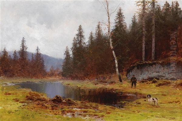 Hunter By The Pond Oil Painting by Ludvig Skramstad