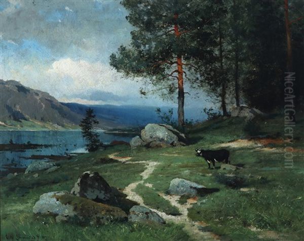 Scenery From A Norwegian Fiord With Grazing Cow Oil Painting by Ludvig Skramstad