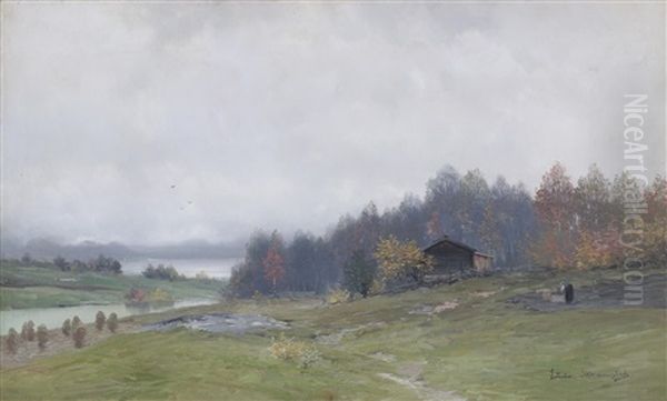 Hostlandskap Med Gard Oil Painting by Ludvig Skramstad