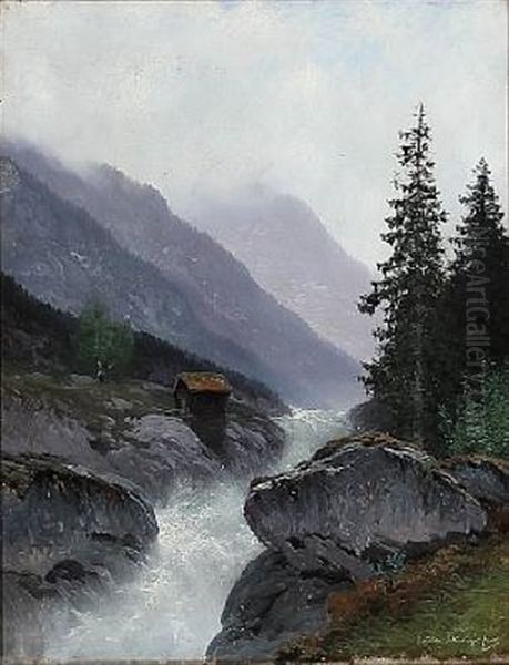 Mountain Landscape With A River Oil Painting by Ludvig Skramstad