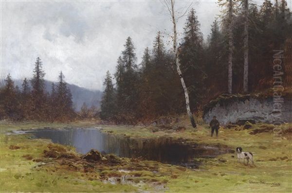 Jager Mit Vorstehhund Am Weiher Oil Painting by Ludvig Skramstad