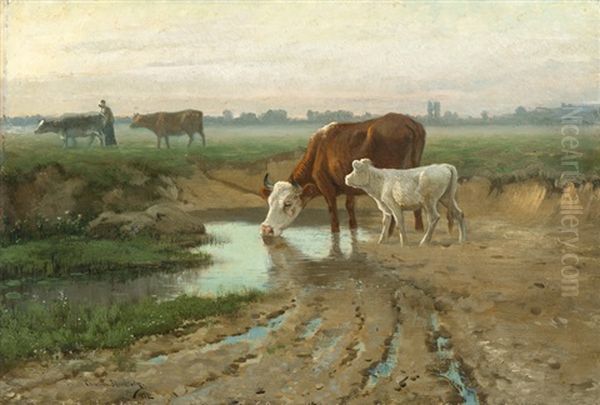 Landscape With Cows And A Cowgirl Oil Painting by Christian Eriksen Skredsvig