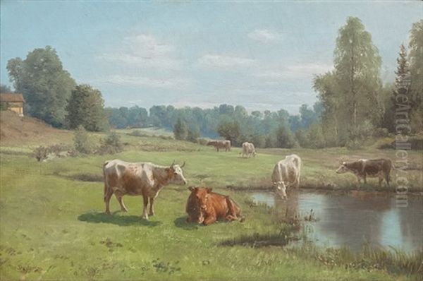 Sommerlandskap Med Kuer Oil Painting by Christian Eriksen Skredsvig