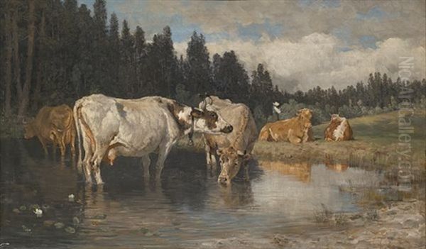 Kuer Ved Vanningsstedet Oil Painting by Christian Eriksen Skredsvig