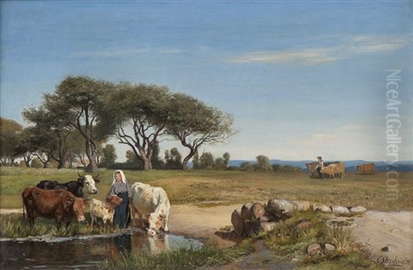 Landskap Med Gjeterjente Og Kyr Oil Painting by Christian Eriksen Skredsvig