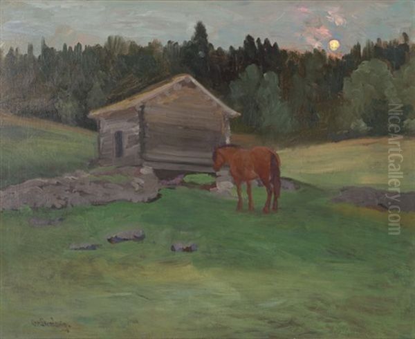 Landskap Med Hest Og Uthus Oil Painting by Christian Eriksen Skredsvig