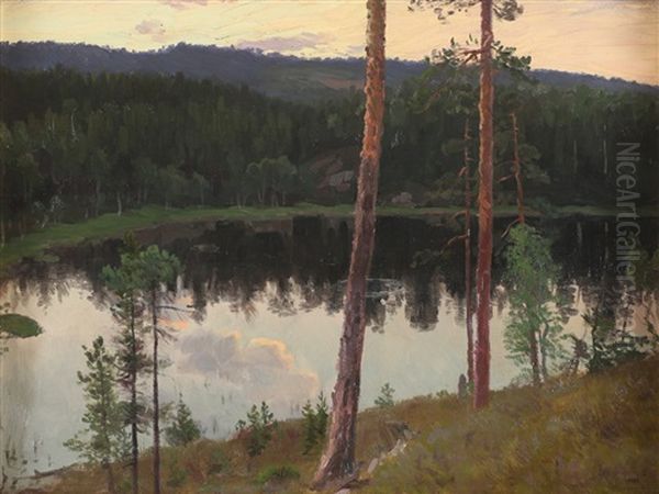 Skogspeiling I Stille Tjern, Heggedal 1893 Oil Painting by Christian Eriksen Skredsvig