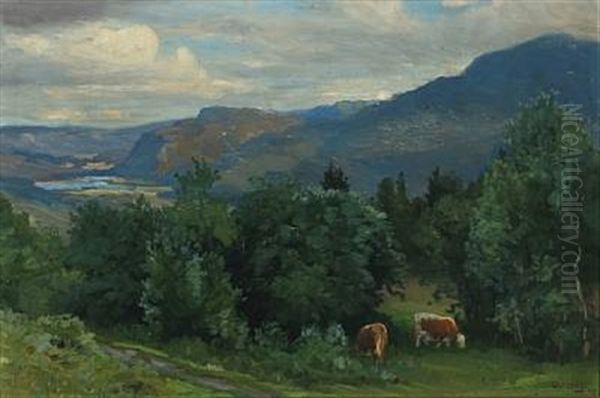 Norwegian Landscape With Grassing Cattle Oil Painting by Christian Eriksen Skredsvig