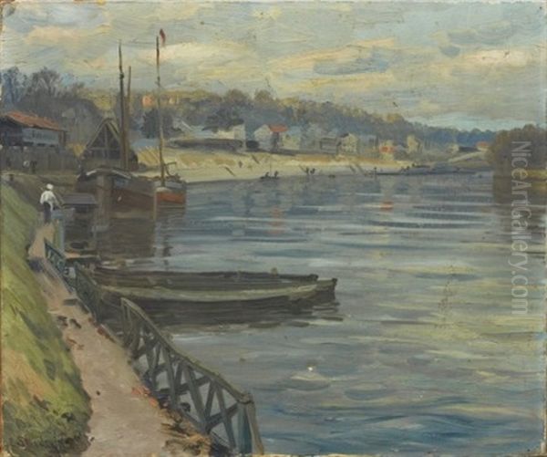 Hamnvy Oil Painting by Christian Eriksen Skredsvig