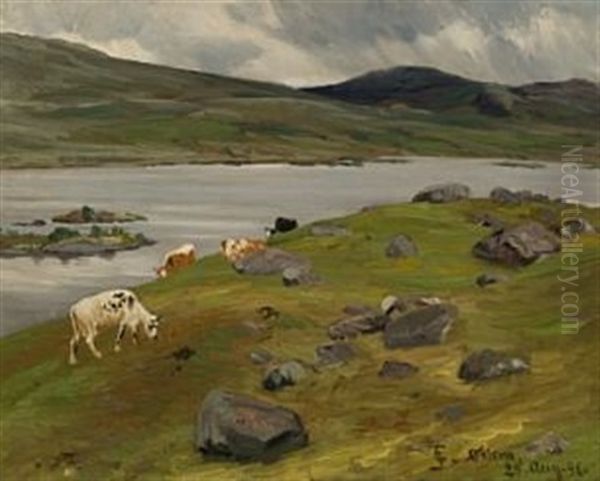 Kyr Ved Fjellvann Oil Painting by Christian Eriksen Skredsvig