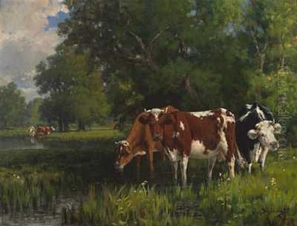 Kuer Ved Vanningsstedet Oil Painting by Christian Eriksen Skredsvig