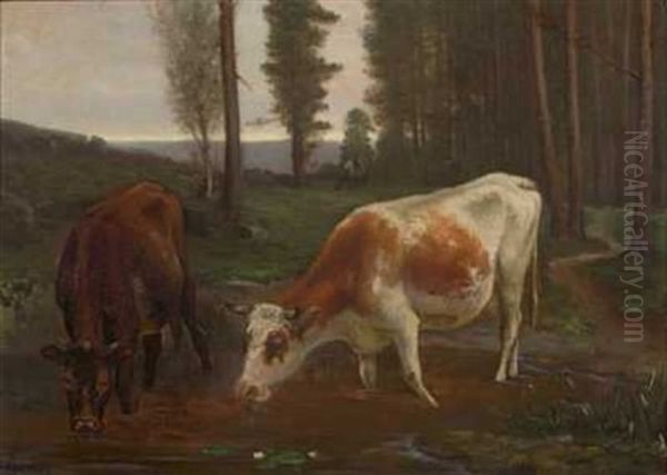 Kuer Ved Vadested Oil Painting by Christian Eriksen Skredsvig