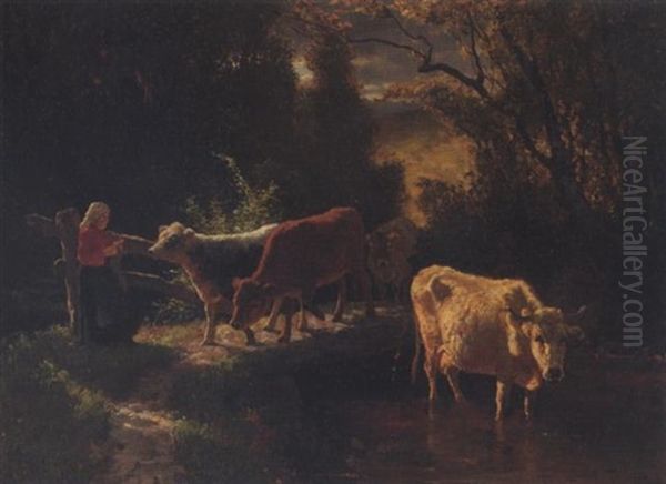 Landskap Med Kuer Oil Painting by Christian Eriksen Skredsvig