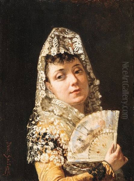 Lady In A Veil Holding A Fan Oil Painting by Dominik Skuteczki